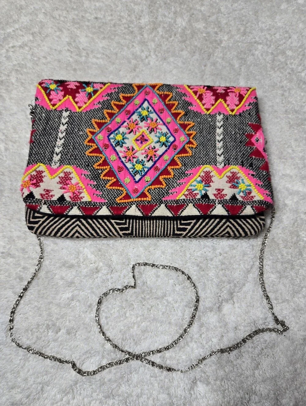 America And Beyond Embroidered And Beaded Boho Clutch Purse On Chain